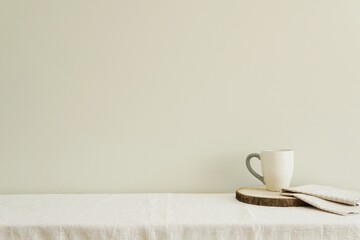Minimal kitchen composition, white coffee cup, napkin and wooden tray on table with linen tablecloth, empty wall mockup for text, design or wall art presentation.