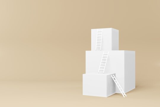 Cube block and ladder represent obstacle, progress, growth in business or career. 3d render illustration.