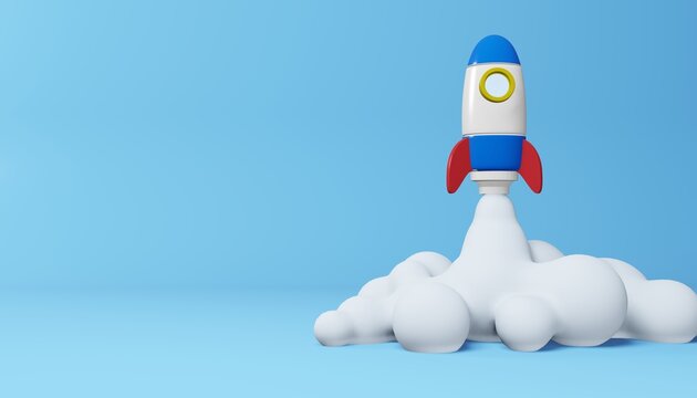 Rocket launch with a smoke. Business startup concept. 3d render illustration.
