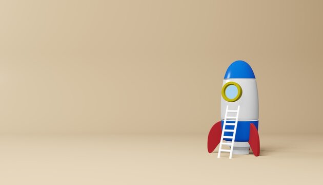 Rocket and ladder. Business startup concept. 3d render illustration.