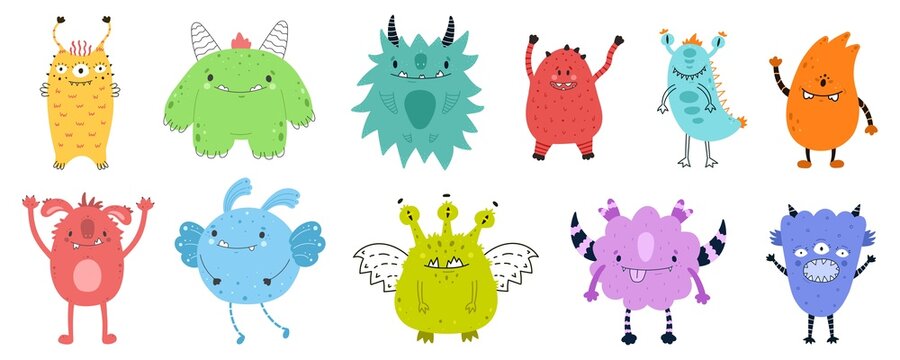 hand drawn set of cartoon cute monsters halloween design