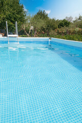 Pool surrounded by green plants under a blue sky