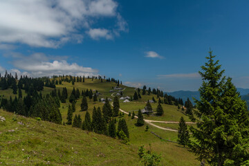 Beautiful blue sky summer day in Velika Planina mountains in Slovenia