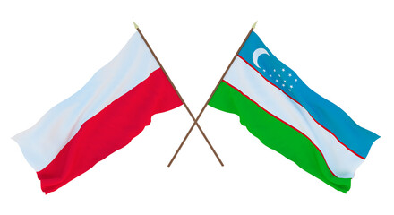 Background, 3D render for designers, illustrators. National Independence Day. Flags Poland and  Uzbekistan