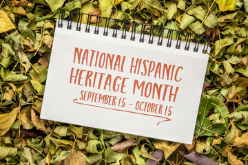 September 15 - October 15, National Hispanic Heritage Month - handwriting in a spiral notebook against fall dry leaves, reminder of cultural and historic event