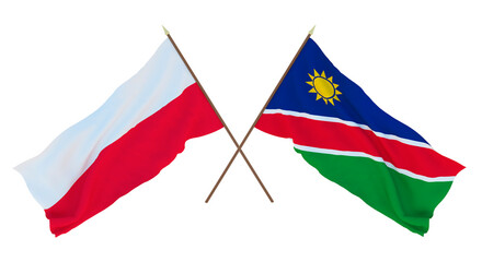 Background, 3D render for designers, illustrators. National Independence Day. Flags Poland and Namibia