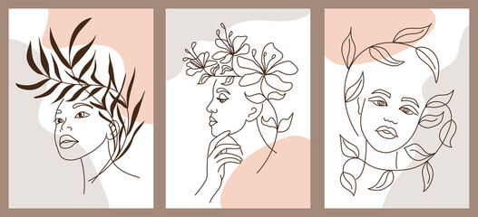 A set of creative abstract hand-painted figures in one line. Minimalist vector icons: portrait of a woman, flowers, leaves. For postcard, poster, cover design, website, social network, website.