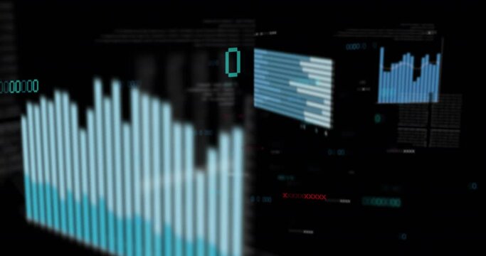 Animation of financial graphs and data on black background