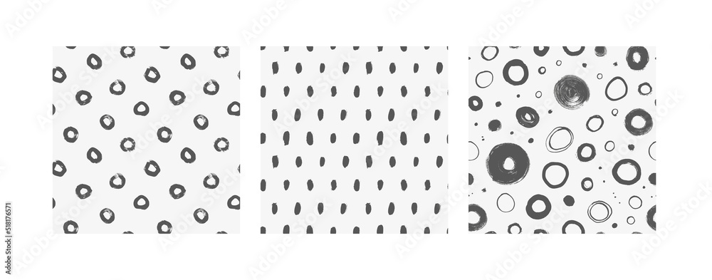 Poster polka dots and different circles seamless pattern collection. monochrome hand drawn geometric textur