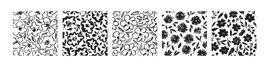 Collection of black brush flowers seamless patterns. Hand drawn monochrome floral motives. Spring vector seamless pattern. Botanical ornaments with chamomiles, daisy, peony and different others buds © Anastasiia Hevko