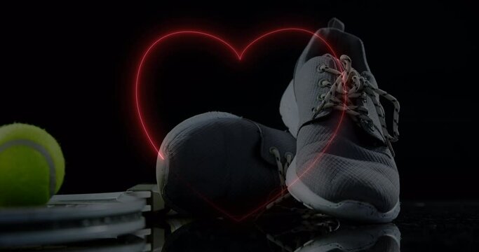 Animation of neon hearts over ball and sport shoes