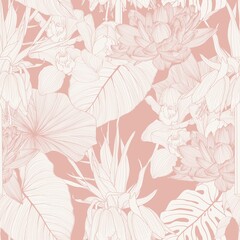 Garden flower illustration. Line  vintage seamless pattern.  Matthiola incana, Fritillaria imperialis, peony spring line illustration. Pinc, coral.