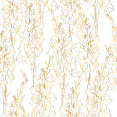 Line golden drawing of gladiolus flowers. Seamless pattern. Design for wallpaper, background, textile, covers, packaging, wrapping paper, fabric. - obrazy, fototapety, plakaty