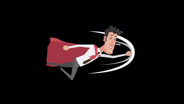 Cartoon male clerk superhero character in red cape flies forward animation with alpha channel