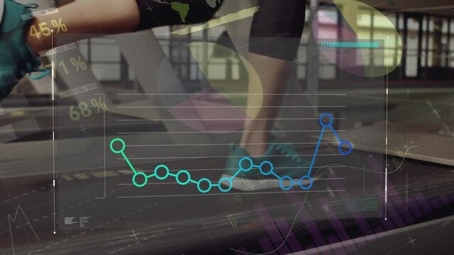 Animation of graphs over legs of caucasian woman running on treadmill