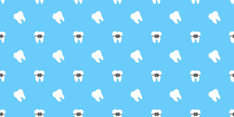 White Teeth with brace, icon isolated, seamless pattern on blue background. Funny dental concept....