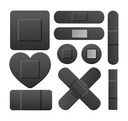 Realistic Detailed 3d Different Black Aid Band Plaster Medical Patch Set. Vector