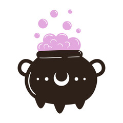 Vector illustration of cute cauldron with pink boiling potion. Hand drawn magic element. Simple doodle drawing of witch pot for halloween card, poster, invitation design