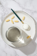 Different types of suplements - collagen, vitamins, protein in pills and powder form
