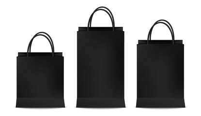 Black bags set, isolated, packaging mockup, package design, shop object vector illustration