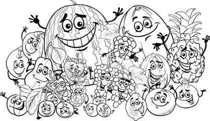 happy cartoon fruit characters group coloring page