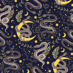 Snake moon seamless vector pattern. Boho background