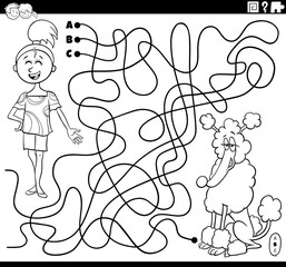 maze with cartoon girl and her dog coloring page