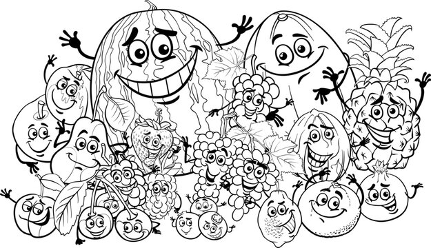 happy cartoon fruit characters group coloring page
