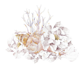 Watercolor nautical bouquet composition with flowers, seashell set with roses, under sea, coral reef. Perfect for wedding invitation, ocean summer clip art