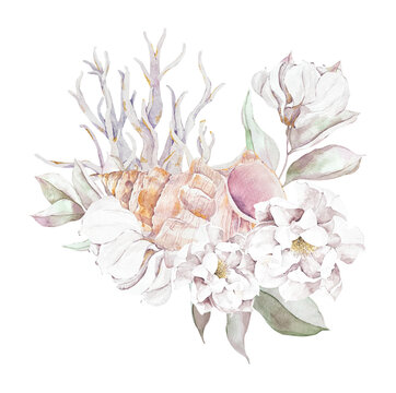 Watercolor nautical bouquet composition with flowers, seashell set with roses, under sea, coral reef. Perfect for wedding invitation, ocean summer clip art