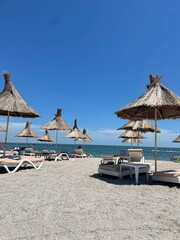 beach chairs and umbrellas