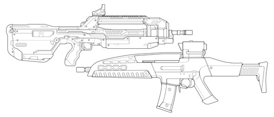 Set of firearms line art style, Shooting gun, Weapon illustration, Vector Line, Gun illustration, Modern Gun, Military concept, Pistol line art for training