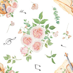 Watercolor vintage musical instruments with pink roses seamless pattern, violin wallpaper © Mariia