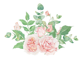 Watercolor pink roses with greenery and wild flowers bouquet, perfect for wedding, bridal shower, baby shower, birthday invitations, wall art, wall decor, pink flora, beige flowers, green leaves