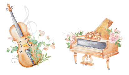 Watercolor violin and piano, musical instrument with flowers, vintage illustrations, retro art, perfect for vintage invitation - obrazy, fototapety, plakaty