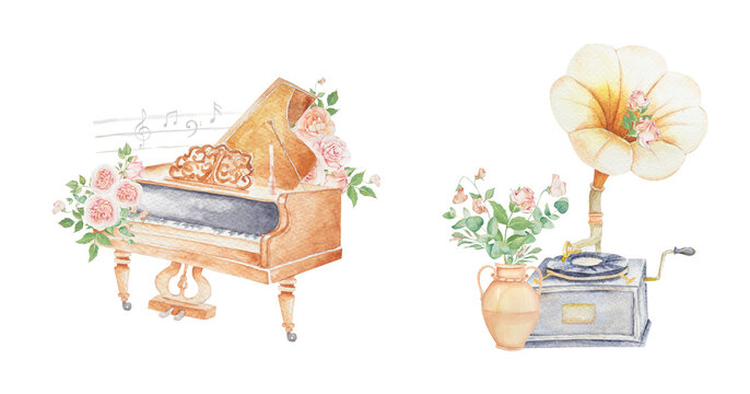 Watercolor piano and phonograph, musical instrument with flowers, vintage illustrations, retro art, perfect for vintage invitation