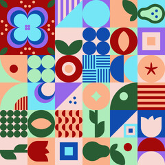 Jesienna geometryczna kompozycja - kolorowa mozaika z jabłkiem, gruszką i kwiatami. Powtarzający się wzór w stylu bauhaus do zastosowania jako tło do projektów.