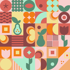 Geometryczna kompozycja - kolorowa mozaika z jabłkiem, gruszką i kwiatami w jesiennych kolorach. Powtarzający się wzór w stylu bauhaus do zastosowania jako tło do projektów.
