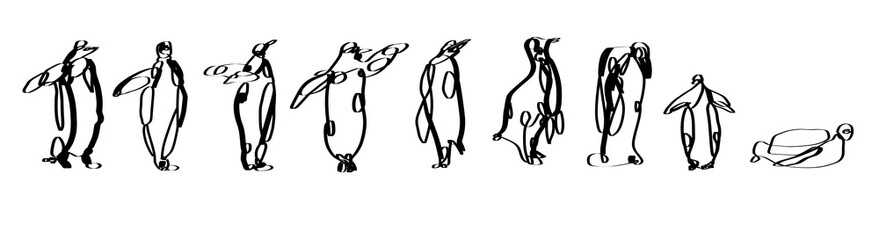 Penguins line art with different sizes and postures