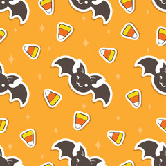Funny simple seamless Halloween pattern with bats,  corn candies and orange background.