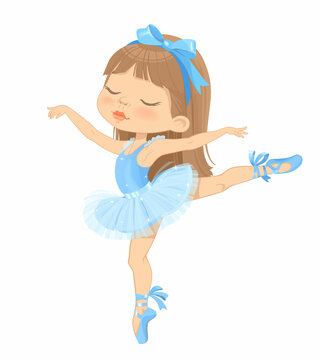 Cute Brown Hair Ballerina Girl. Little Caucasian Girl in Blue Tutu Dress and Pointe Dances. Girl Ballet Dancer Kit Design Cartoon Illustration.