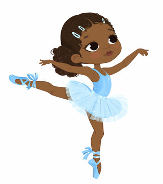 Cute African American Ballerina Girl. Little Black Girl in Blue Tutu Dress and Pointe Dances. Girl Ballet Dancer Kit Design Cartoon Illustration.