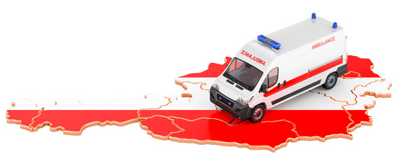 Emergency medical services in Austria. Ambulance van on the Austrian map. 3D rendering