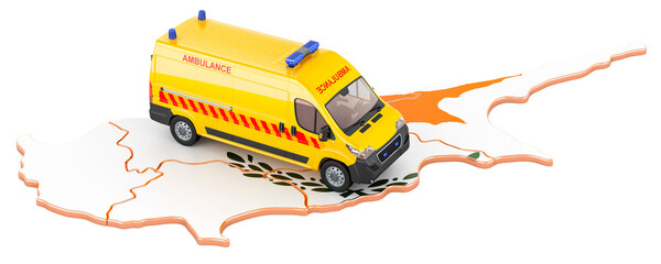 Emergency medical services in Cyprus. Ambulance van on the Cypriot map. 3D rendering