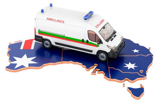 Emergency Medical Services In Australia. Ambulance Van On The Australian Map. 3D Rendering