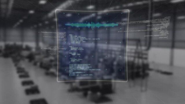Animation of digital screen with diverse data over blurred warehouse