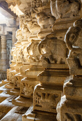 Carved elephants inside of the Adinatha Temple, a Jain temple in Ranakpur, Rajasthan, India, Asia