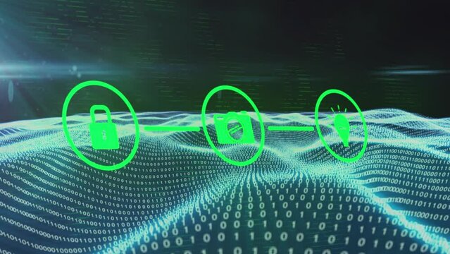 Animation of tech icons and binary code on black background