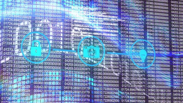 Animation of technology icons, lights and binary code on digital display