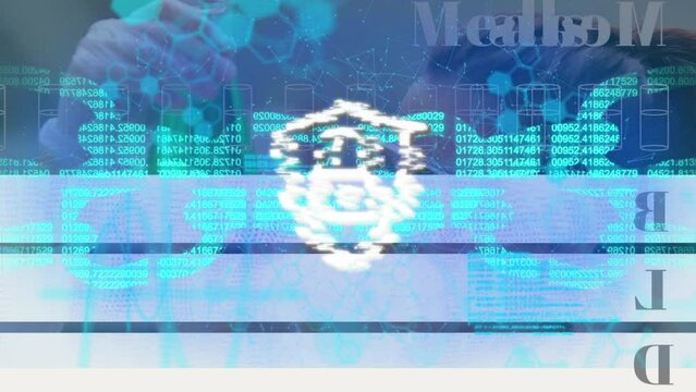 Animation of padlock icon and data processing over caucasian female scientist in lab